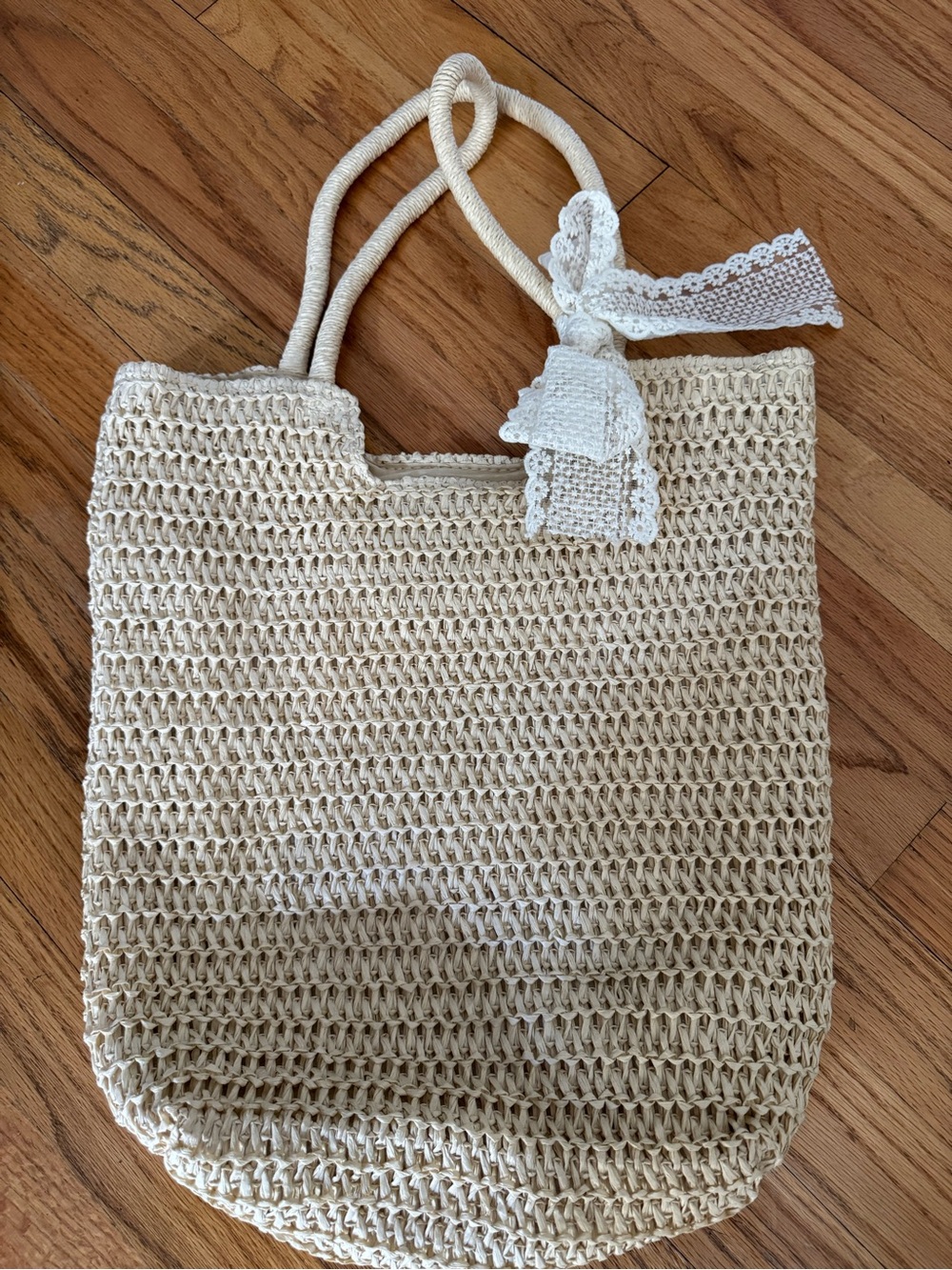 Cream Crochet Tote Bag with Lace Accent